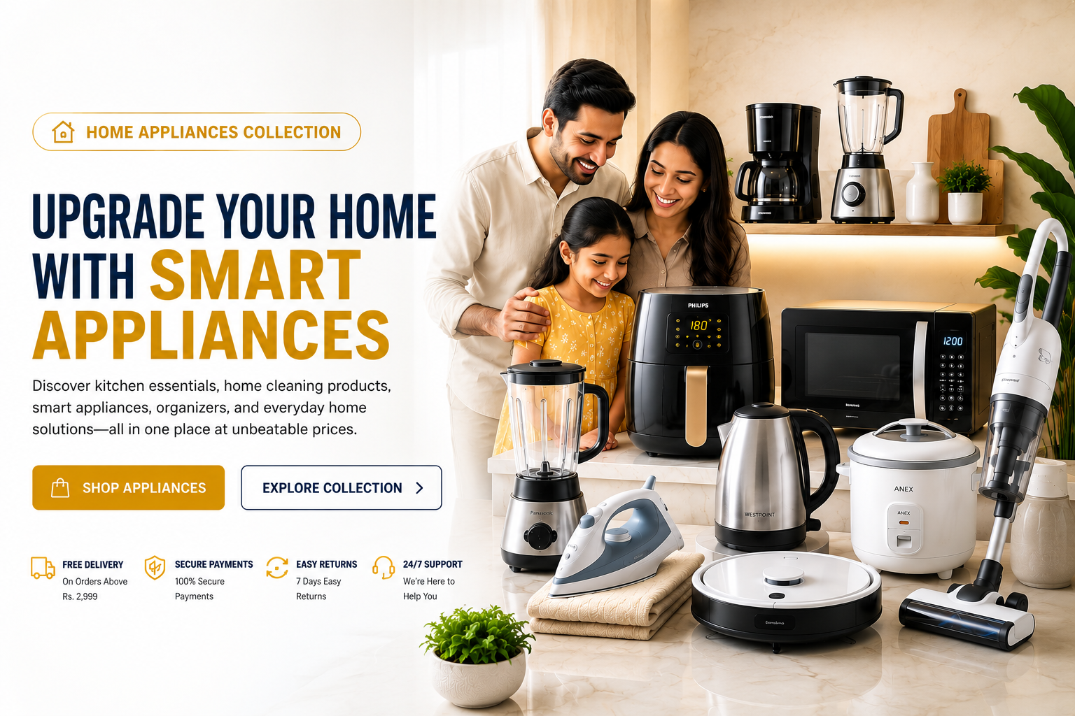 A promotional banner for a home appliances collection, featuring a family of three smiling in a modern kitchen alongside various appliances including a blender, air fryer, kettle, rice cooker, and vacuum cleaner.